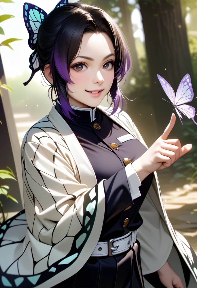 shinobu kochou, animal print, black hair, butterfly, butterfly hair ornament, butterfly print, forehead, gradient hair, hair ornament, haori, multicolored hair, parted bangs, purple hair, short hair, two-tone hair,belt, black pants, butterfly print, coat, demon slayer uniform, haori, japanese clothes, pants, uniform,,mature female,perfect hands, perfect finger,perfect anatomy, masterpiece, best quality,realistic, hyperrealistic, 16k hdr,medium breasts,outdoor,fighting pose,smile