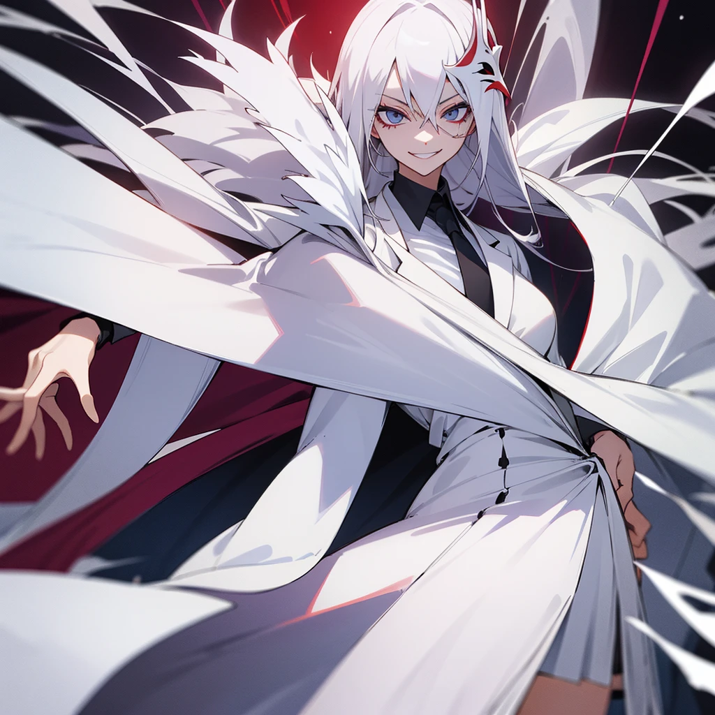 1 girl, dark white hair, villain, smile, psychopath, psychopath smirk, straight hair, (((noble cloth))), short skirt, white cloth, white poker mask, white tuxedo, masked, with mask on face