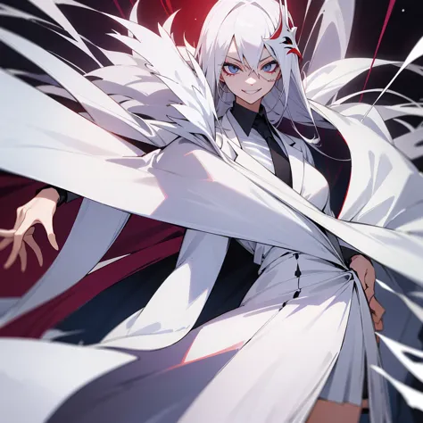 1 girl, dark white hair, villain, smile, psychopath, psychopath smirk, straight hair, (((noble cloth))), short skirt, white clot...