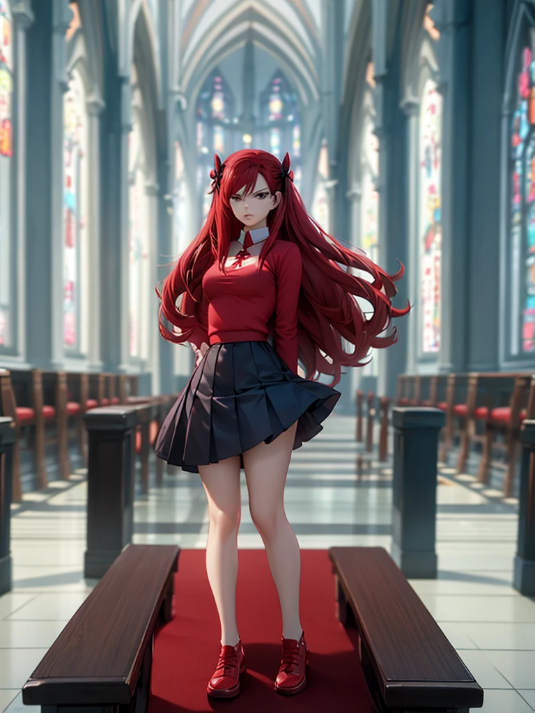 Full body picture of 1 girl: Erza Scarlet, wearing Rin Tohsaka outfit, in a church with huge windows at night, ultra realistic, top quality, 