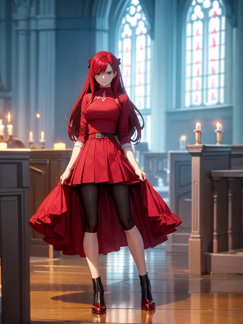 full body picture of 1 girl: erza scarlet, wearing rin tohsaka outfit, in a church with huge windows at night, ultra realistic, ...