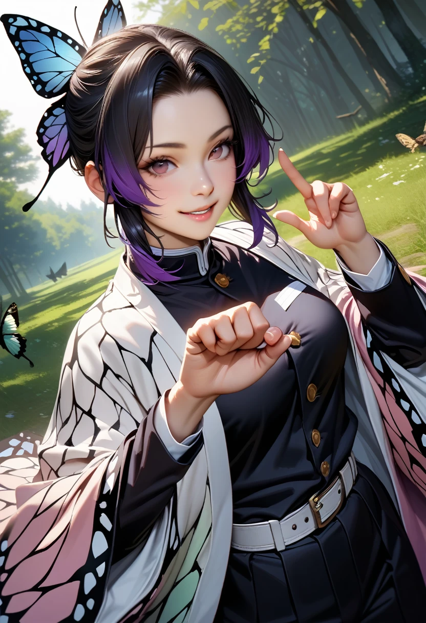 shinobu kochou, animal print, black hair, butterfly, butterfly hair ornament, butterfly print, forehead, gradient hair, hair ornament, haori, multicolored hair, parted bangs, purple hair, short hair, two-tone hair,belt, black pants, butterfly print, coat, demon slayer uniform, haori, japanese clothes, pants, uniform,,mature female,perfect hands, perfect finger,perfect anatomy, masterpiece, best quality,realistic, hyperrealistic, 16k hdr,medium breasts,outdoor,fighting pose,smile