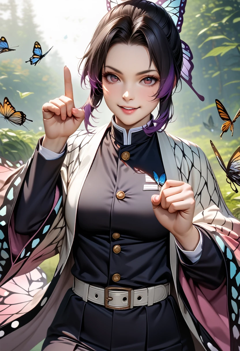 shinobu kochou, animal print, black hair, butterfly, butterfly hair ornament, butterfly print, forehead, gradient hair, hair ornament, haori, multicolored hair, parted bangs, purple hair, short hair, two-tone hair,belt, black pants, butterfly print, coat, demon slayer uniform, haori, japanese clothes, pants, uniform,,mature female,perfect hands, perfect finger,perfect anatomy, masterpiece, best quality,realistic, hyperrealistic, 16k hdr,medium breasts,outdoor,fighting pose,smile