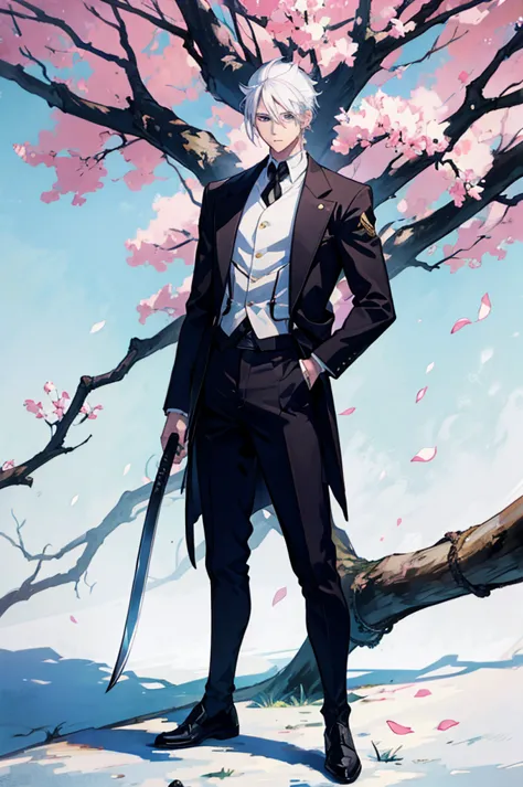 25 years old anime man with white hair, standing in front of a tree, holding a katana