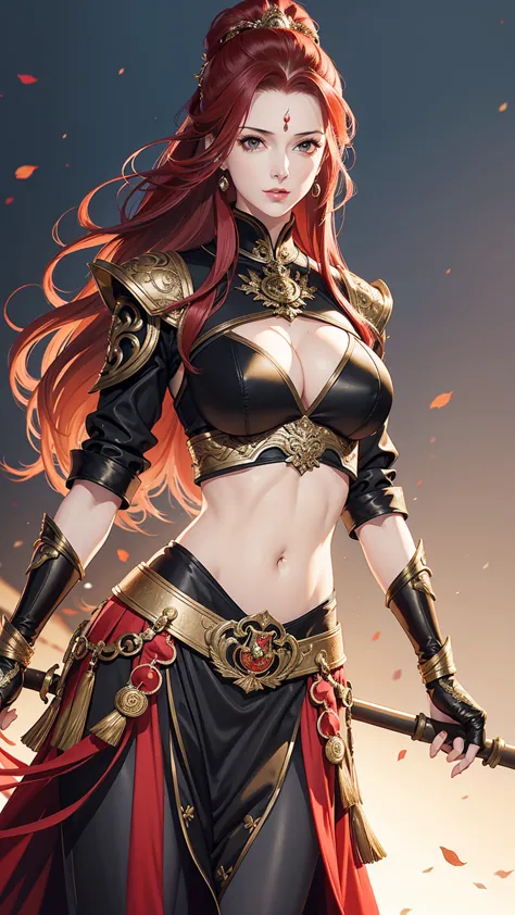 masterpiece, best quality, female, fortune, face portrait,red hair,long hair,abs, beautiful,breasts,black armor,midriff,pale ski...