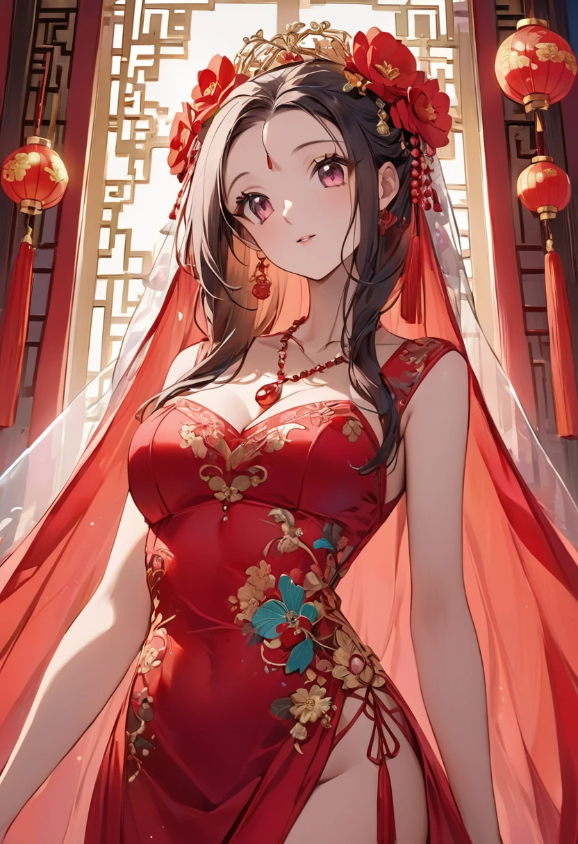 Very long hair,（（（Eyes are very delicate）））（（（hair accessory）））（（（Veil）））,necklace,Misako is wearing a sexy, sheer red silk dress., ((Skin glows))The room is filled with Chinese New Year decorations（（（masterpiece）））, （（Highest quality））, （（Intricate details））, （（Surreal））（8K）, change