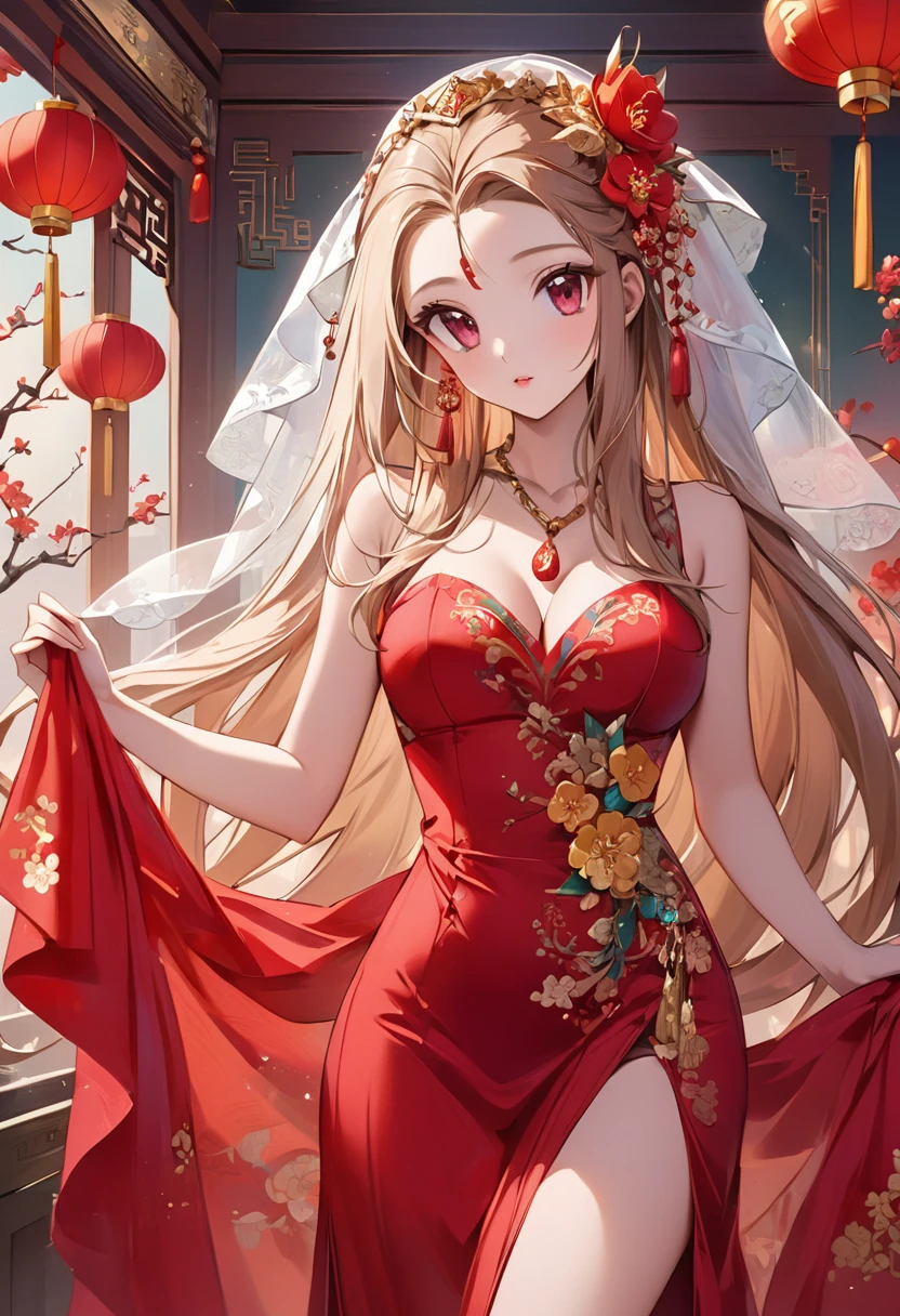 Very long hair,（（（Eyes are very delicate）））（（（hair accessory）））（（（Veil）））,necklace,Misako is wearing a sexy, sheer red silk dress., ((Skin glows))The room is filled with Chinese New Year decorations（（（masterpiece）））, （（Highest quality））, （（Intricate details））, （（Surreal））（8K）, change