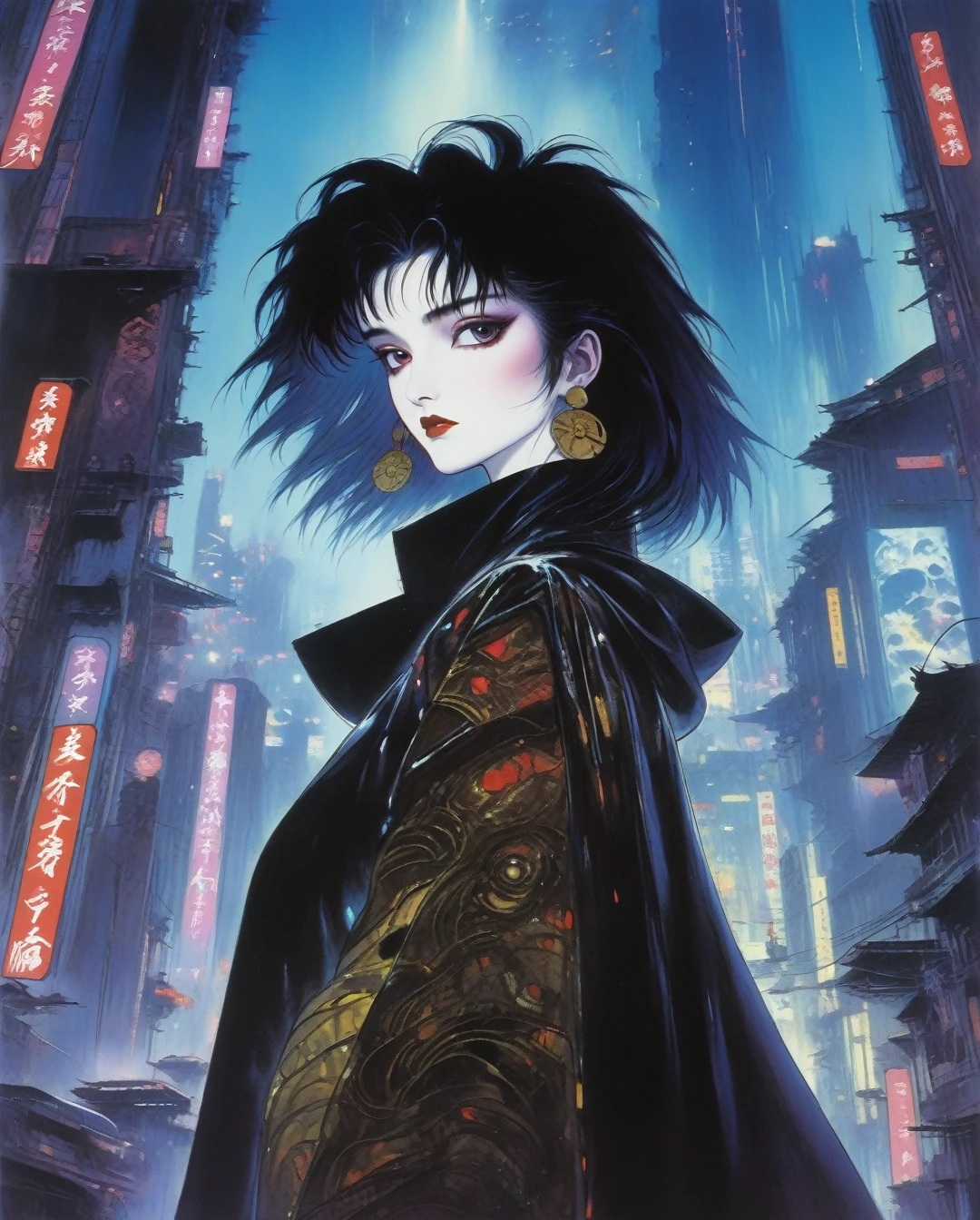 amano yoshitaka, 80s, 1girl, goth, siouxsie, michelle pffifer, cyberpunk, futuristic city background, 80s movie poster art style,