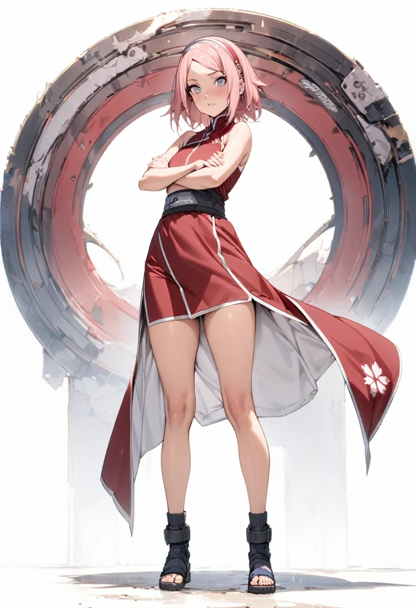 (masterpiece:1.2),(best quality:1.2),(masterpiece, best quality, ultra-high resolution), (1girl), (1 character), (Sakura Haruno), (White background), (Full body), natural pose, Standing, pink hair, naruto character