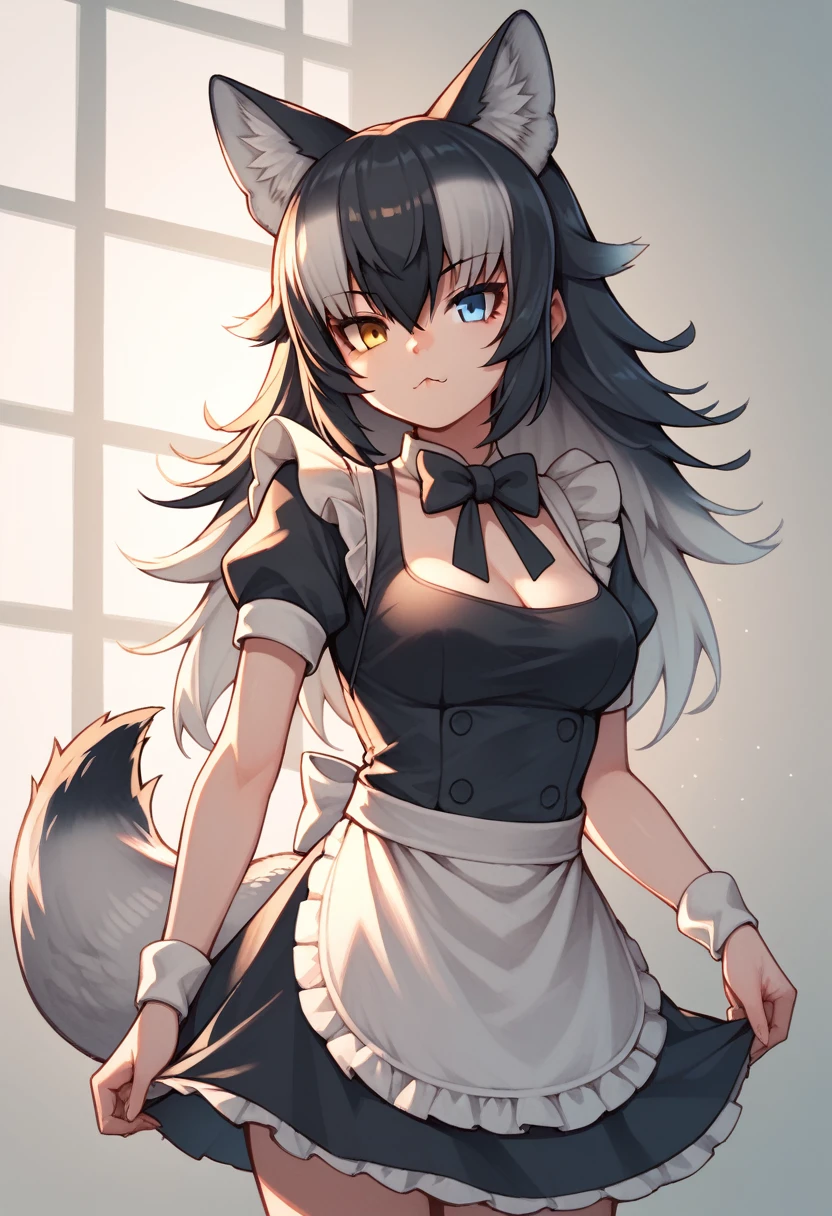 Score_9, Score_8_up, Score_7_up, Score_6_up, Score_5_up, Score_4_up, source_anime, 1girl, grey wolf \(kemono friends\), heterochromia, tail, wolf ears, maid