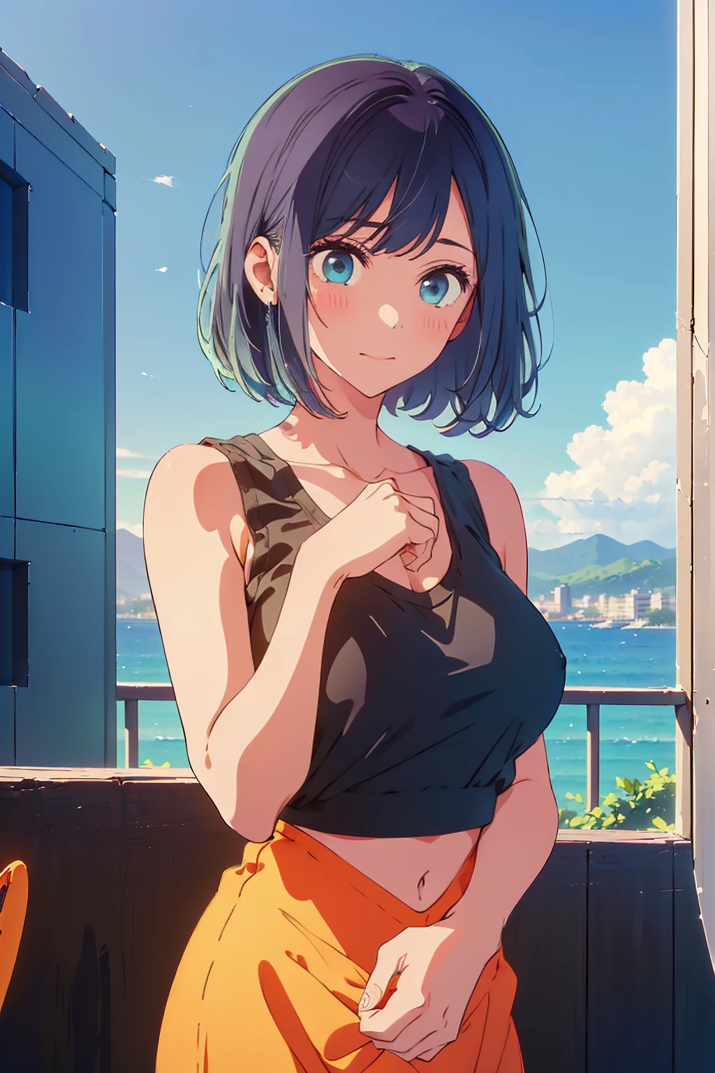 (Highest quality:1.4、masterpiece:1.4、Super detailed:1.4、Ultra-high resolution:1.4、8K:1.4)、Slim body、Big Breasts、((((1 person、Surprised expression、In the background are the urban buildings of Tokyo、looking at the camera、Seaside café terrace、Get up close and take a photo、Photographing the upper body、Very cute face))))、((((nude、very beautiful areola))))、(Pose with hands tucked behind ears:1.4)、(((Black tank top)))、valley、Very blue sky、A completely cloudless sky