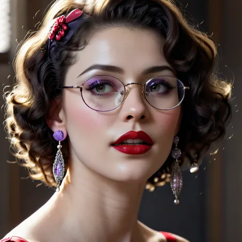 slightly curly hair, rimless glasses, small spots under the corners of the mouth, / note lilac earrings, slightly closed mouth, ...