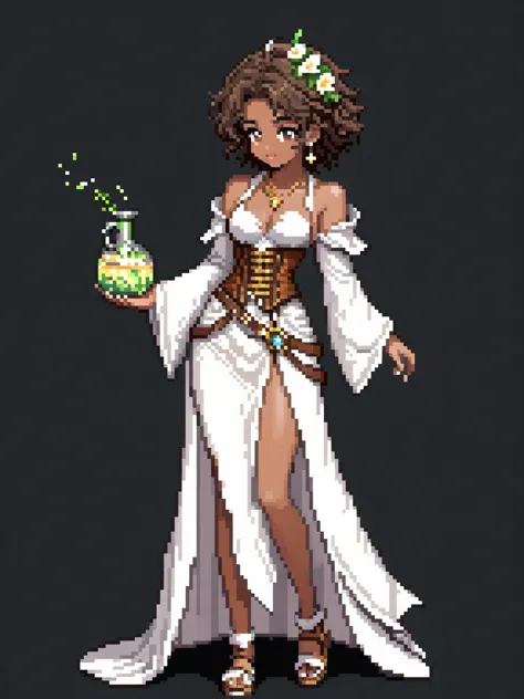 (Pixel art: 1.2), 1 young woman, 23 years old, dark skin, with medium dark brown curly hair held back by a cloth, wearing a medi...