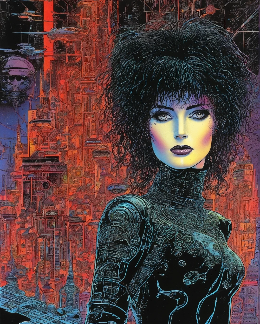 80s, 1girl, goth, siouxsie, michelle pffifer, cyberpunk, futuristic city background, 80s movie poster art style, ((by Philippe Druillet)) 