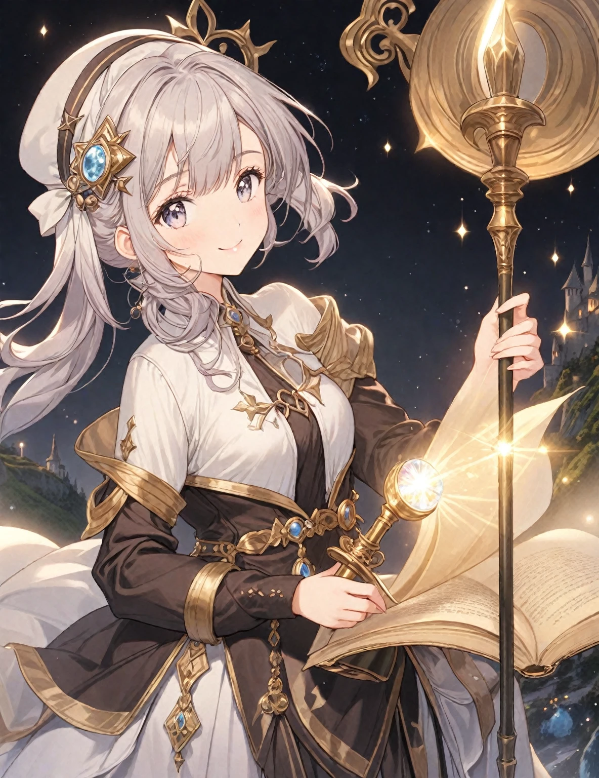 natural lighting, dusk, down, light smile, upturned cheeks, slightly shining hair, half up do, beret, hair ornament, alchemist, atelier series, large staff, gold, silver, Gemstones, brilliance, precious, 1girl, solo, fantasy landscapes, Scholarly, intellectual, floating light, magnificent, splendid,
