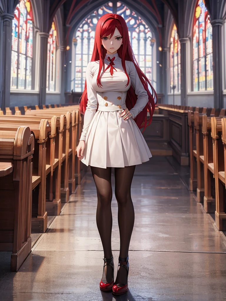 Full body picture of 1 girl: Erza Scarlet, wearing Rin Tohsaka outfit, in a church with huge windows at night, ultra realistic, top quality, 