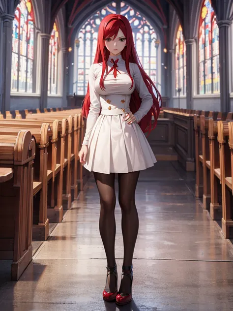 full body picture of 1 girl: erza scarlet, wearing rin tohsaka outfit, in a church with huge windows at night, ultra realistic, ...