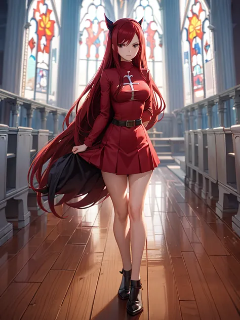 full body picture of 1 girl: erza scarlet, wearing rin tohsaka outfit, in a church with huge windows at night, ultra realistic, ...