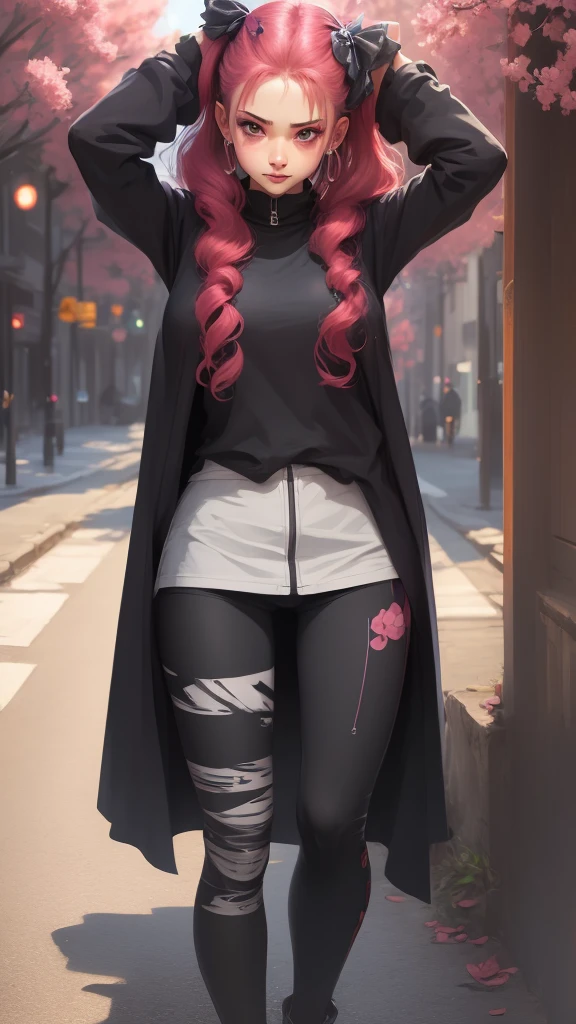 extremely detailed CG unity 8k wallpaper, best quality, ultra-detailed, masterpiece, realistic, photo realistic, blush, parted lips, looking at viewer , half body shot , (Perona One Piece), ping long hair, blushing, beautiful face, embarrassed face, standing, arms behind head, cute face, goth outfit, twintails, outdoor, sakura blossom, stripe legging, skirt, smile at viewer,