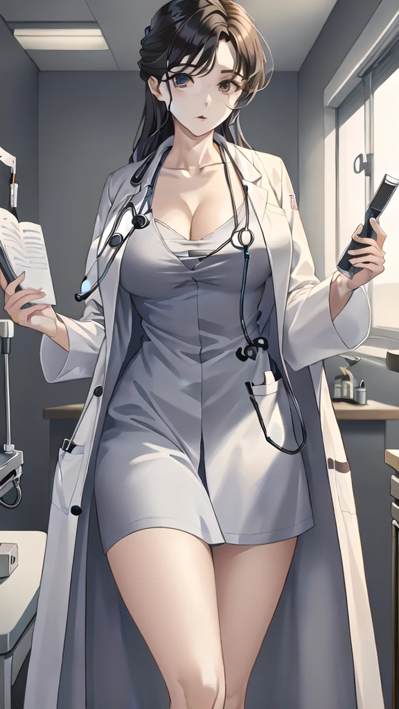 ((masterpiece, best quality, high quality)),1girl, (lower body, hospital), (doctor_uniform, labcoat, stethoscope, doctor),Large Breasts，cleavage，lipstick