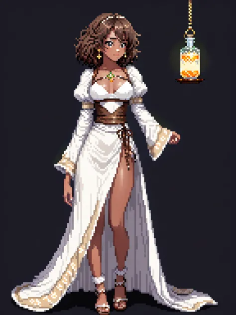 (pixel art: 1.2), 1 young woman, 23 years old, dark skin, with medium dark brown curly hair held back by a cloth, wearing a medi...