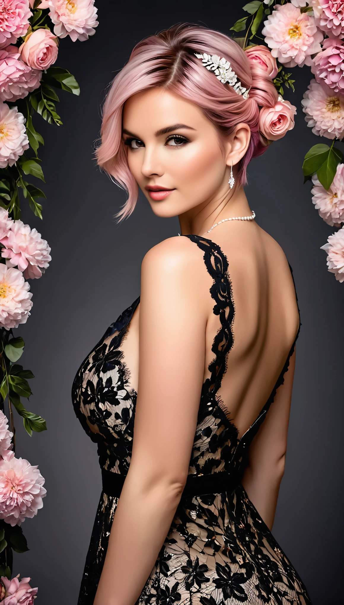 A delicate beautiful, sensual, woman, full body view, C cup breasts, with short pink hair styled in a loose bun adorned with flowers, wearing a black and white lace dress with intricate details. The lighting highlights her ethereal beauty and the intricate lace of her dress. The woman pose is elegant, with one hand gently touching her face and a soft, dreamy expression. The overall image has a magical, enchanting atmosphere with vibrant colors and fine details. (Distant full body view:1.8), (View from side:1.5), Hyper realistic photo, vibrant colors, 16k