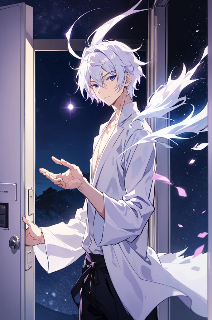 25 years old anime man with white hair, standing in front of a door, Waving goodbye,shirt off, purplish-blue Aura emerging from his body 