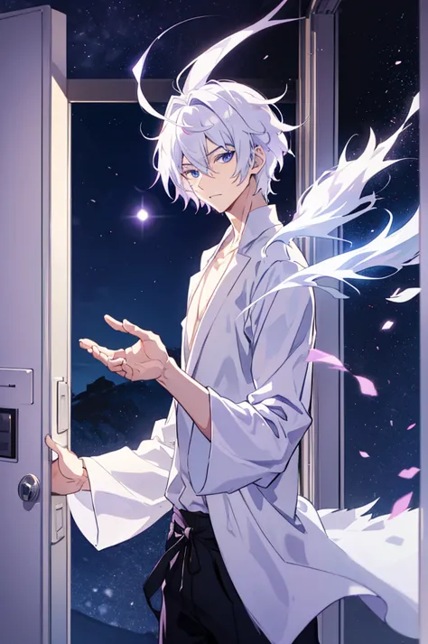 25 years old anime man with white hair, standing in front of a door, Waving goodbye,shirt off, purplish-blue Aura emerging from ...