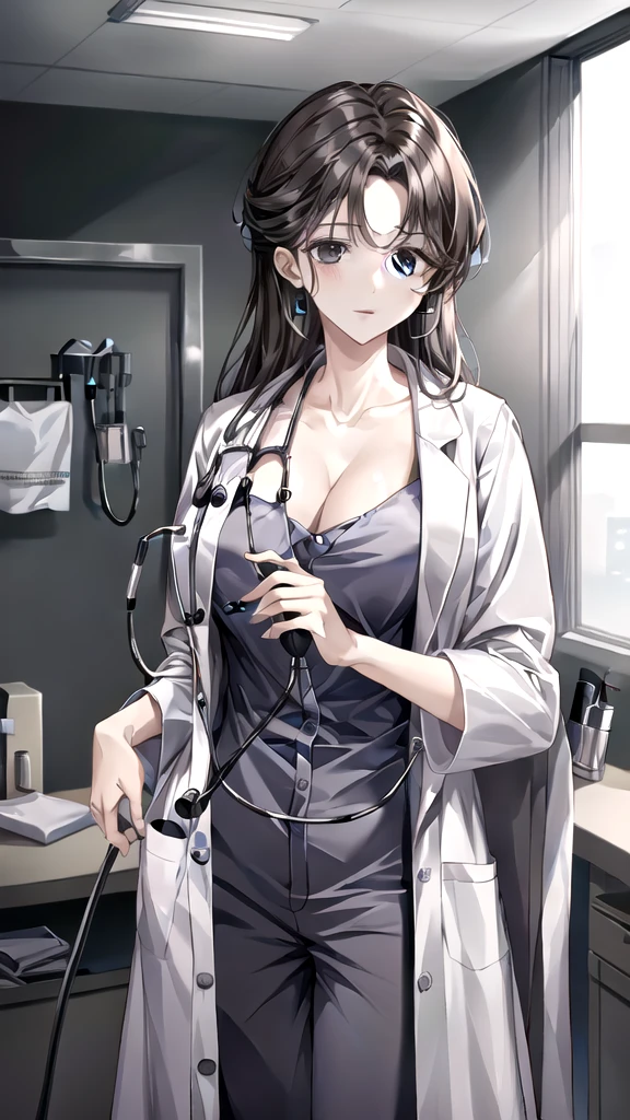 ((masterpiece, best quality, high quality)),1girl, (lower body, hospital), (doctor_uniform, labcoat, stethoscope, doctor),Large Breasts，cleavage，lipstick