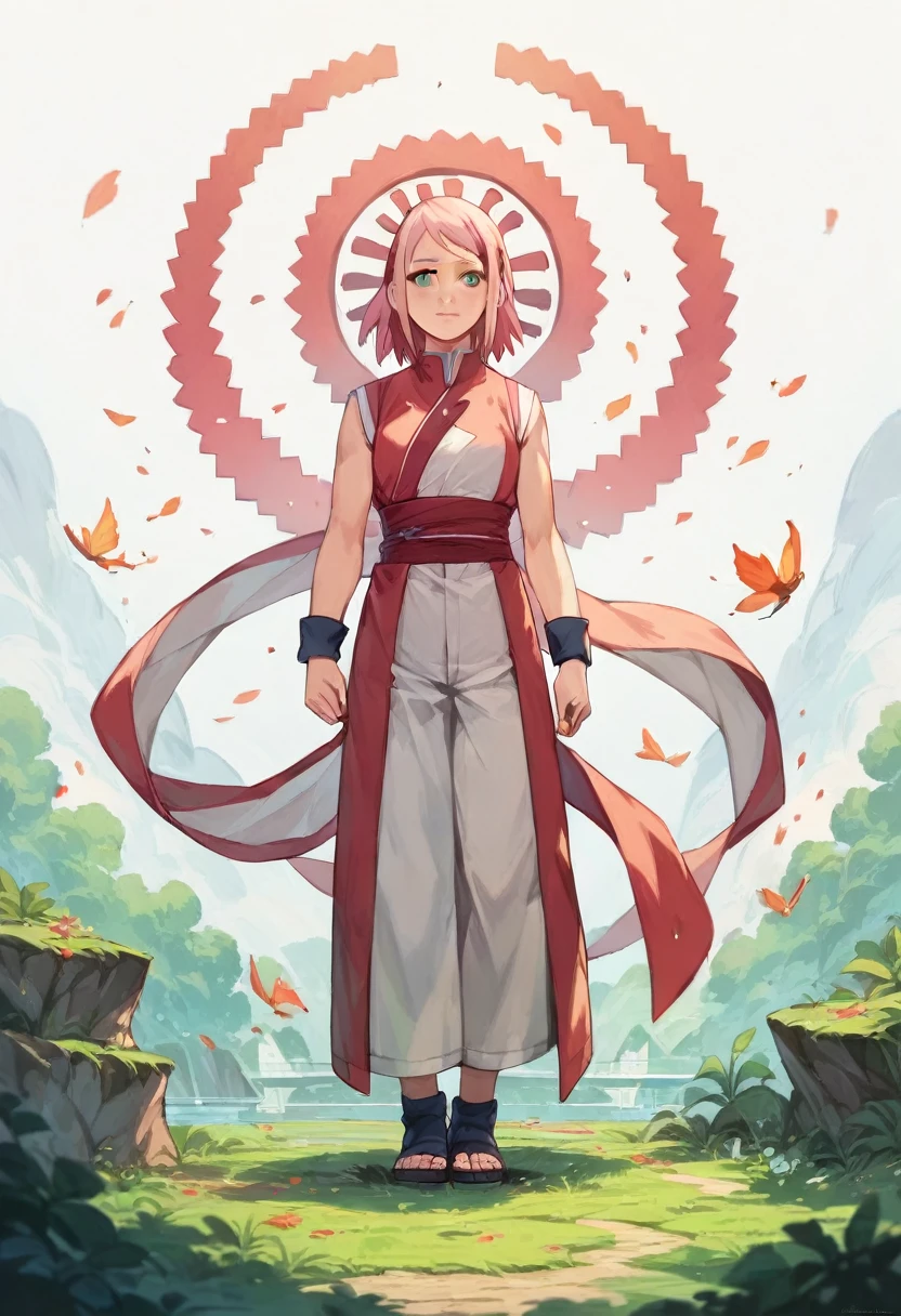 (masterpiece:1.2),(best quality:1.2),(masterpiece, best quality, ultra-high resolution), (1girl), (1 character), (Sakura Haruno), (White background), (Full body), sakura haruno clothes, natural pose, Standing, pink hair, naruto character