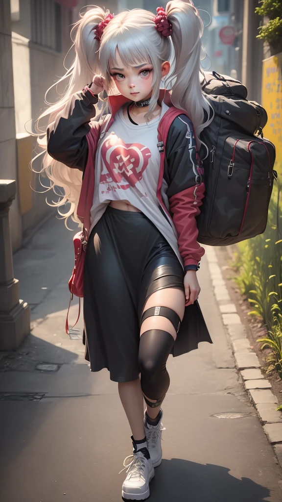 extremely detailed CG unity 8k wallpaper, best quality, ultra-detailed, masterpiece, realistic, photo realistic, blush, parted lips, looking at viewer , half body shot , (Perona One Piece), ping long hair, blushing, beautiful face, embarrassed face, standing, arms behind head, cute face, goth outfit, twintails, outdoor, sakura blossom, stripe legging, skirt, smile at viewer,