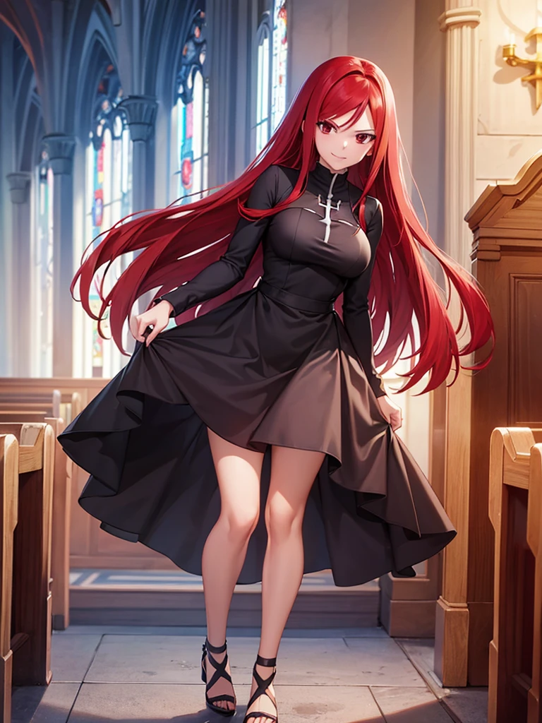 Full body picture of 1 girl: Erza Scarlet, smiling, wearing Rin Tohsaka outfit, in a church with huge windows at night, ultra realistic, top quality, sexy picture