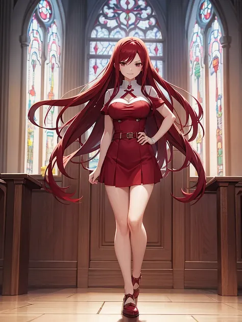 full body picture of 1 girl: erza scarlet, smiling, wearing rin tohsaka outfit, in a church with huge windows at night, ultra re...