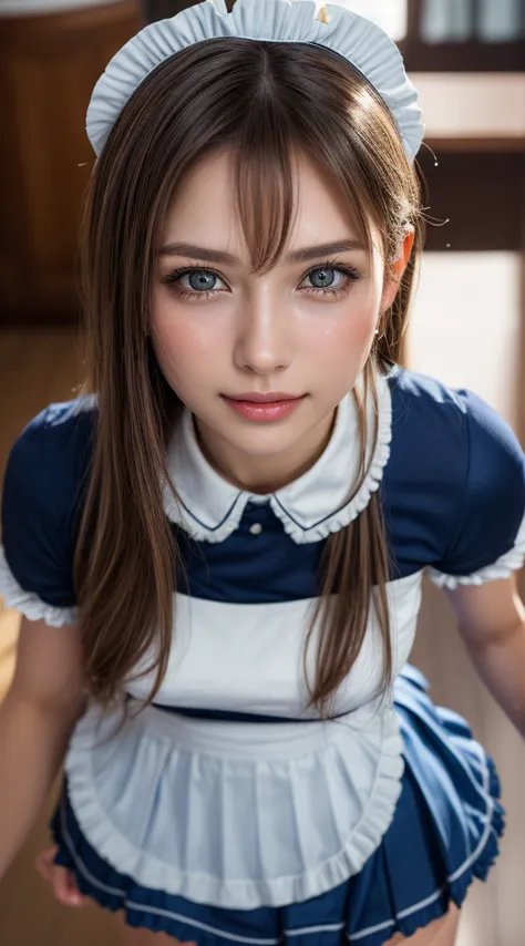 (one woman),  great face and eyes, blue eyes, captivating smile, (frilled maid cafe costume, pleated mini skirt:1.5), (wide open...