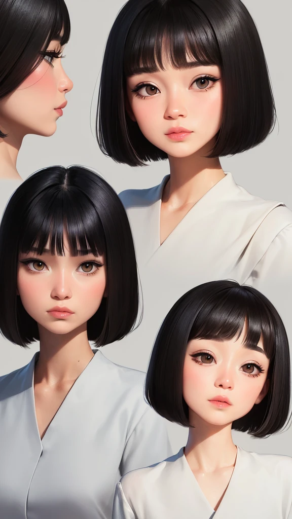 Please create an image that adheres to the following characteristics: - Short bob hairstyle - Short bangs on the forehead that expose the eyebrows - Asian features with wide, lively eyes - Natural make-up - Sailor uniform - Simple white background
