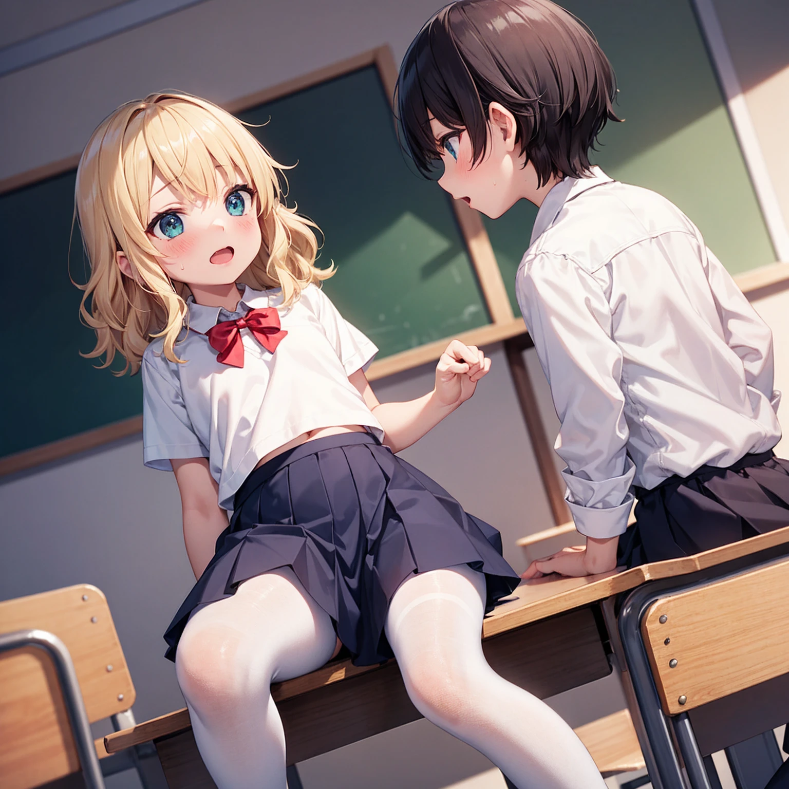 Highest quality,Highest quality,One Girl,One boy,((((10 years old)))),Flat Chest,orgasm,blush, Sweat, Sakurai Momoka,blonde,White Sarah Outfit,Navy Blue Skirt, It is not a pleated skirt,whole body,classroom, White Pantyhose、Navy Blue Skirtをめくる、Spread your legs