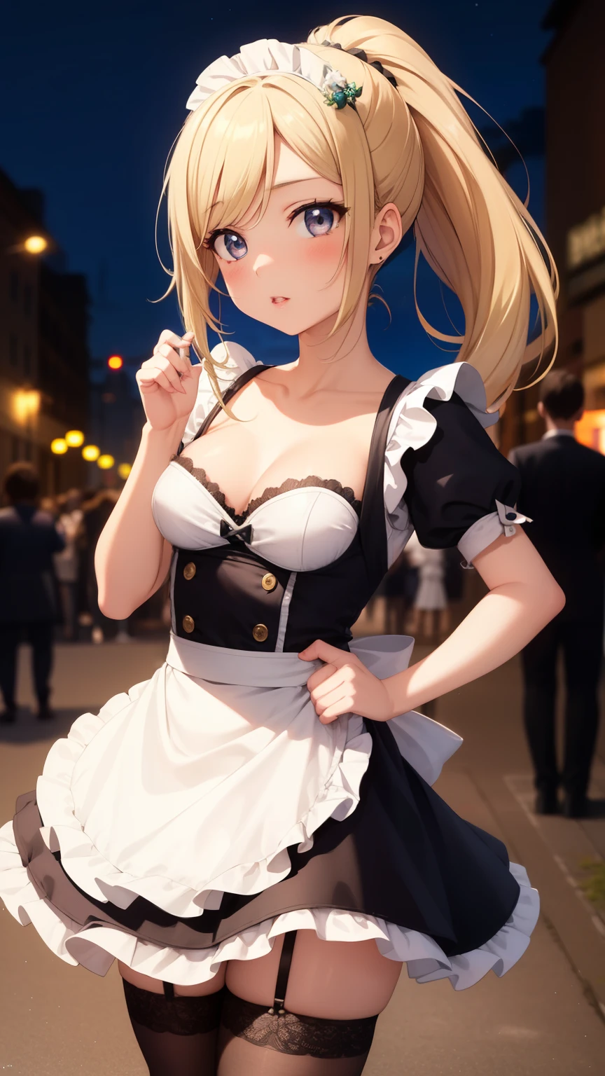 masterpiece, best quality, highly detailed, ultra high res, ayase arisa, 1girl, solo, hair ornament, long blonde hair, glossy lips, medium breasts, detailed eyes, ponytail, city street, night, red carpet, crowd, maid, short puffy sleeves, collarbone, thigh highs, small maid apron