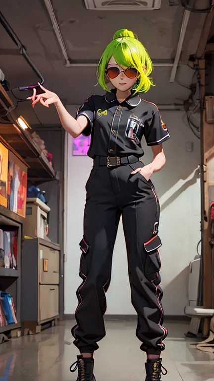 Black workwear jumpsuit、Costume with glowing yellow-green linesを着た女性, cyber punk, Punk Rock, Mosh Pit, (Highest quality,4K,8K,High resolution,masterpiece:1.2),Live Stage、Costume with glowing yellow-green lines、Large sunglasses,Punkish hairstyle、Full body portrait
