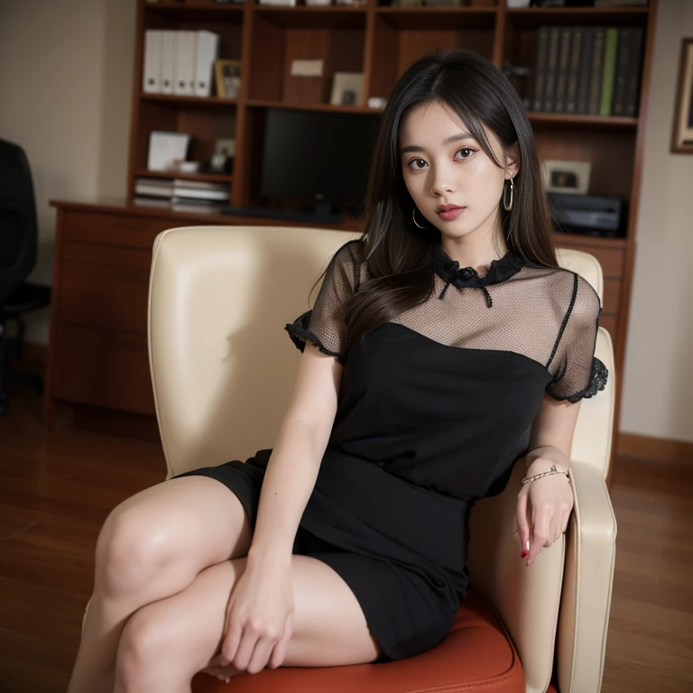 One girl sitting on an office chair, Age: 31, (Hair is semi-long:1.5, Chestnut color)Delicate,(Black blouse:1.1),(Red mini skirt:1.1),jewelry,Designer black pantyhose, （masterpiece：1.2）, （Faithfulness：1.2）, （Highest quality）, （Skin details：1.3）, （Intricate details）,photograph,Skyscraper boss&#39;s office, Windows with city views, Film Grain, Depth of written boundary, High heels