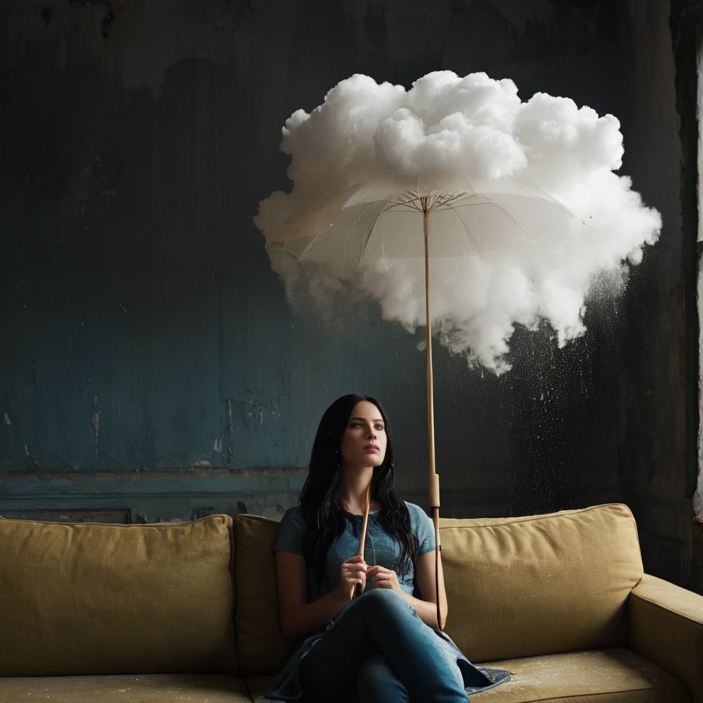 cinematic film still of  Juxtaposition of a woman sentado on a sofá holding an guarda-chuva with foamy cloud chuva above,1 garota,Sozinho,cabelo longo,Cabelo preto,sentado,dentro de casa,janela,guarda-chuva,sofá,chuva,realista,Ruínas Juxtaposition,artístico,fotografia,Luz dramática,luz de sombra dramática,contraste,cor saturada,cinematic,cinematográfico,fotográfico,realista,Realismo,perfeitoion,perfeito,Justaposto,oposto,coisas diferentes,lado a lado,sincretismo,antítese,Estilo de justaposição,Ruínas , criativo, photoRealismo, hyperRealismo, Fine art fotografia style, Fine art cinematic fotografia style, profundidade superficial de campo, vinheta, Altamente detalhado, alto orçamento, Bokeh, cinemascópio, temperamental, épico, maravilhoso, film gchuva, gchuvay