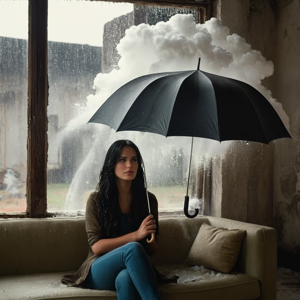 電影 film still of  Juxtaposition of a woman 坐 on a 长椅 holding an 伞 with foamy cloud 雨 above,1女孩,独自的,长发,黑发,坐,在室内,窗户,伞,长椅,雨,实际的,废墟 Juxtaposition,艺术的,摄影,戏剧性的灯光,戏剧性的阴影光,对比,饱和色,電影,电影的,摄影,实际的,现实主义,完美的ion,完美的,并列,对面的,不同的东西,并排,合一,对立,并置风格,废墟 , 有创造力的, photo现实主义, hyper现实主义, Fine art 摄影 style, Fine art 電影 摄影 style, 浅景深, 小插图, 非常详细, 高预算, 散景, 宽银幕电影, 喜怒无常, 史诗, 华丽的, film g雨, g雨y