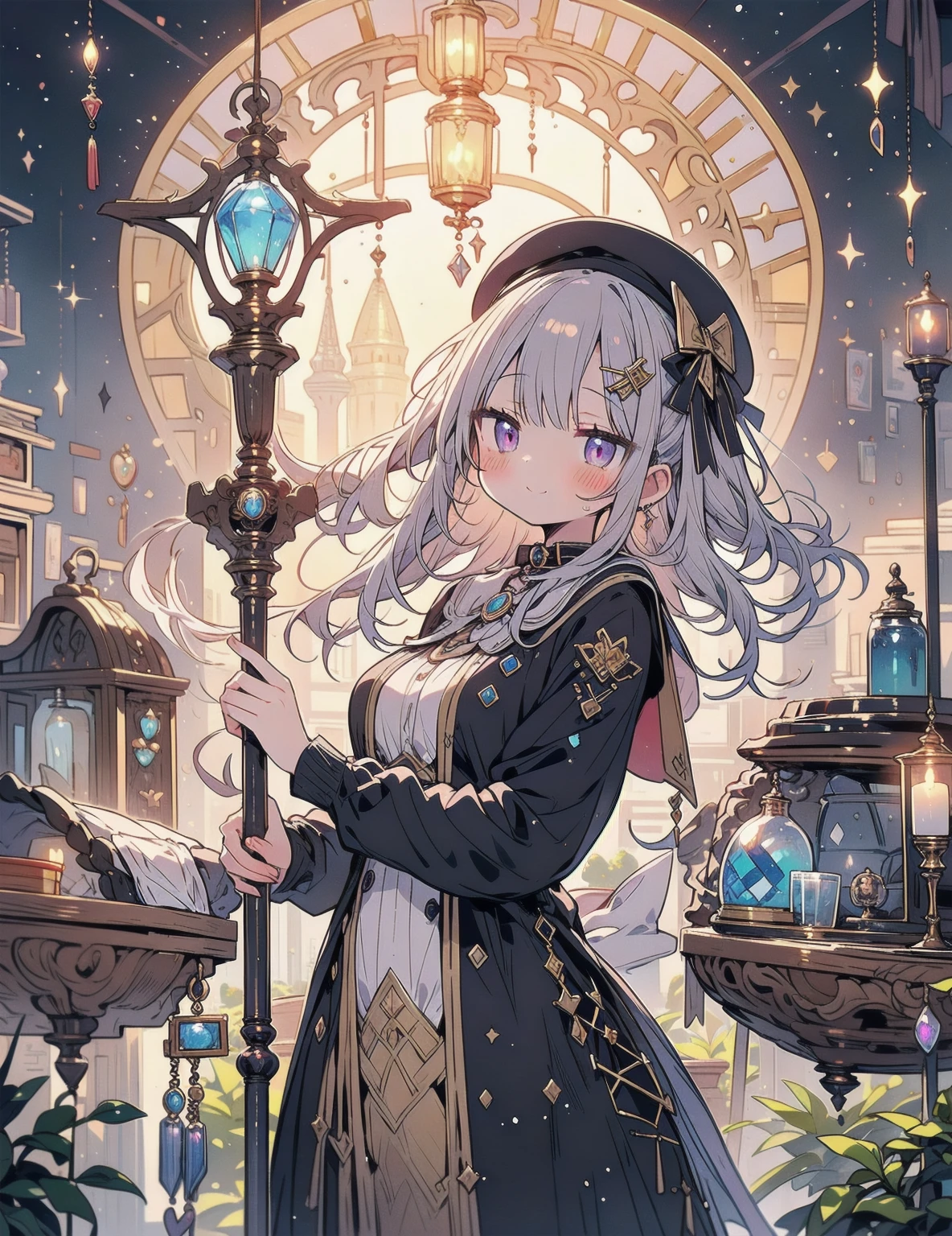 
natural lighting, dusk, dawn, light smile, upturned cheeks, slightly shining hair, half up do, beret, hair ornament, alchemist, atelier series, large staff, gold, silver, Gemstones, brilliance, precious, 1girl, solo, fantasy landscapes, Scholarly, intellectual, floating light, magnificent, splendid,