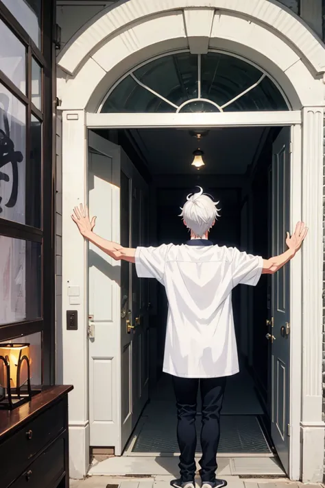 25 years old anime man with white hair, standing in front of a door, Waving goodbye,shirt off