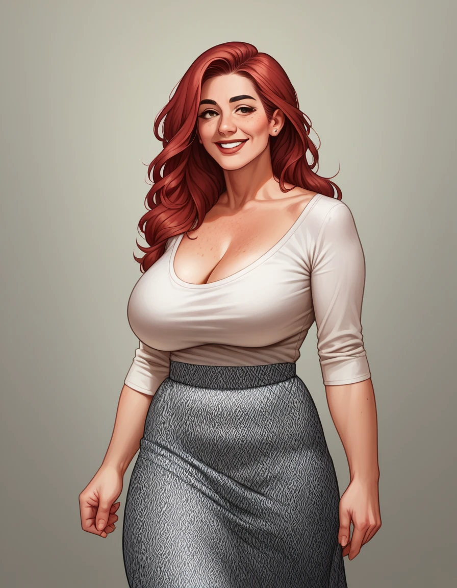 best quality, super fine, 16k, incredibly absurdres, extremely detailed, 2.5D, delicate and dynamic, a beautiful woman of 40 years, mature woman, slight smile. Mahogany-red hair, brown eyes, downturned eye shape, black eyebrows, strong eyebrows. High cheekbones, strong chin. Freckles. Large breasts. Wearing a white blouse, tweed skirt. Walking across beautiful English countryside.