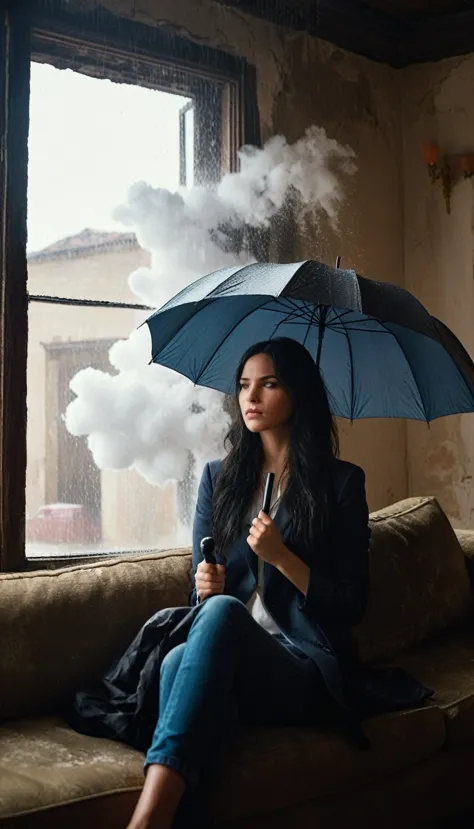 cinematic film still of  Juxtaposition of a woman sitting on a couch holding an umbrella with foamy cloud rain above,1girl,solo,...