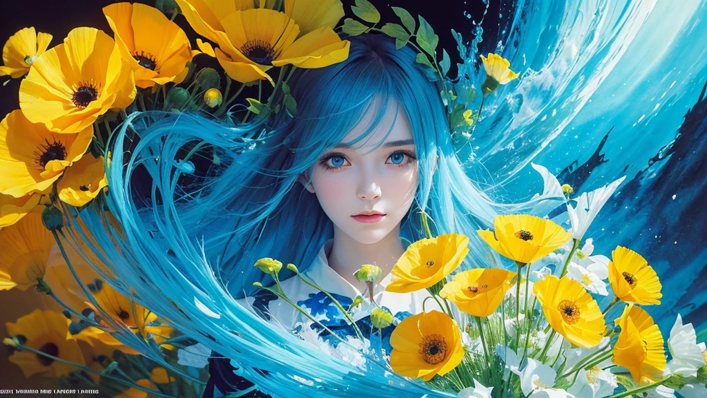 32k, Masterpiece, Highest quality, One girl, Detailed eyes, flower,Iceland Poppy, Blue and yellow style,A dreamy, romantic piece,Pale yellow, Mysterious Leaves,A playful arrangement,Fantasy,High Contrast,Ink strokes,explosion,Exposure, Impression of blue and yellow tones,Abstract,((Watercolours by John Berkey and Jeremy Mann )) Brush strokes,Negative Space, Tyndall effect,