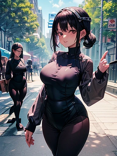 highest qualthaty、Complete limbs、Full Finger、Black-haired woman、Medium hair woman、Beautiful busty woman:1.3、(A woman wearing a navy blue one-piece long-sleeved school swimsuthat:1.5)、(((woman wearing black tights:1.5)))、Big smile、street tree、that&#39;it&#39;s raining、(Wet texture:1.3)