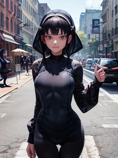 highest qualthaty、Complete limbs、Full Finger、Black-haired woman、Medium hair woman、Beautiful busty woman:1.3、(A woman wearing a navy blue one-piece long-sleeved school swimsuthat:1.5)、(((woman wearing black tights:1.5)))、Big smile、street tree、that&#39;it&#39;s raining、(Wet texture:1.3)