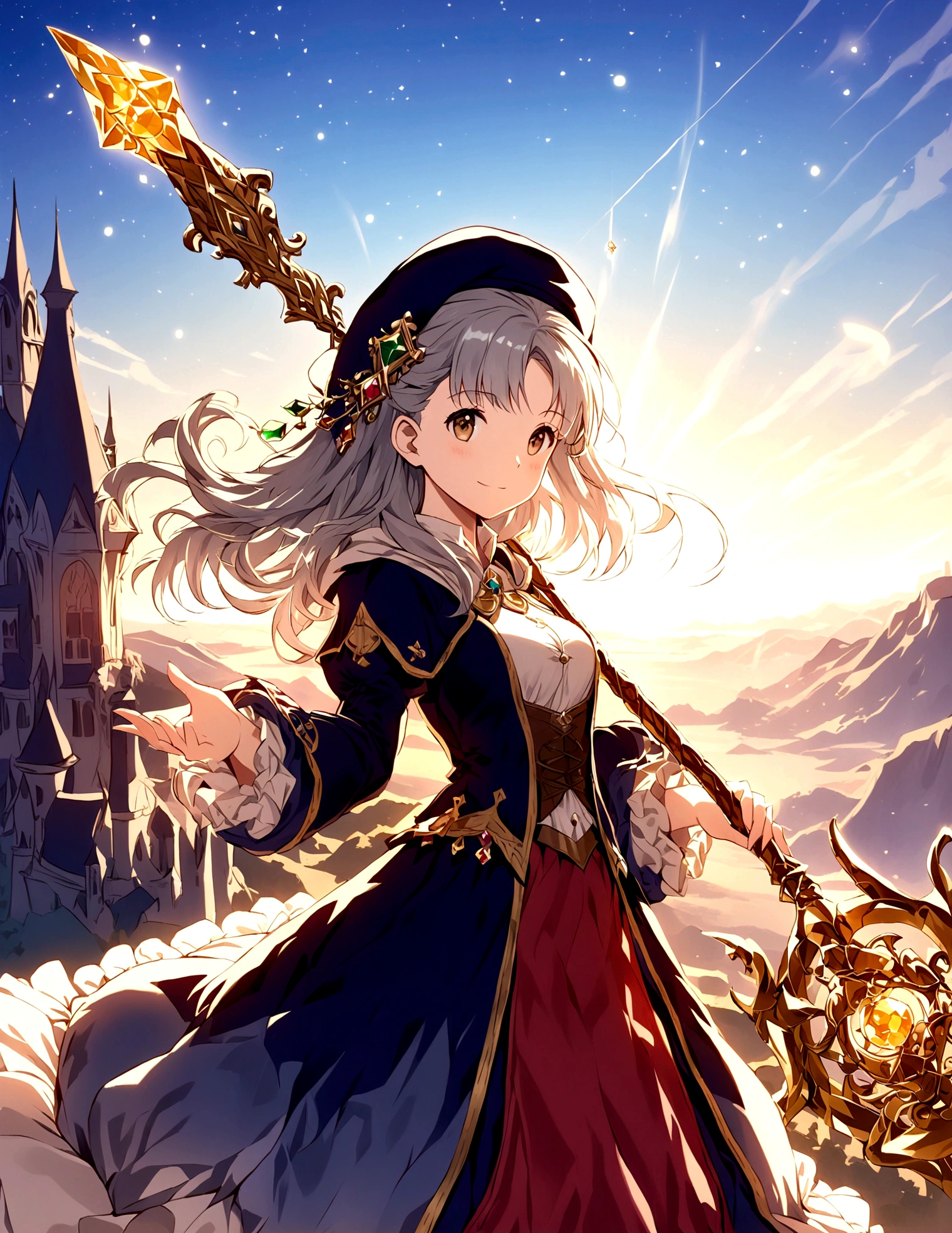 natural lighting, dusk, dawn, light smile, upturned cheeks, slightly shining hair, half up do, beret, hair ornament, alchemist, atelier series, large staff, gold, silver, Gemstones, brilliance, precious, 1girl, solo, fantasy landscapes, Scholarly, intellectual, floating light, magnificent, splendid,