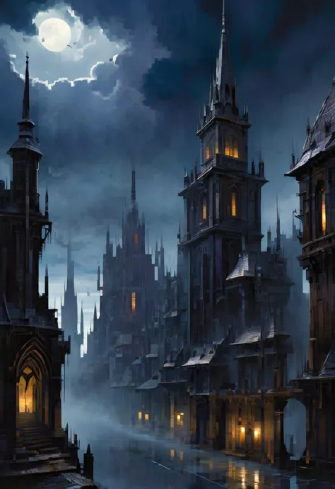 A haunting cityscape emerges from the depths of darkness, with spires reaching towards a foreboding sky, each structure pulsatin...